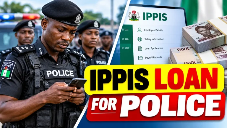 Nigerian police officer checking an IPPIS loan application on a smartphone